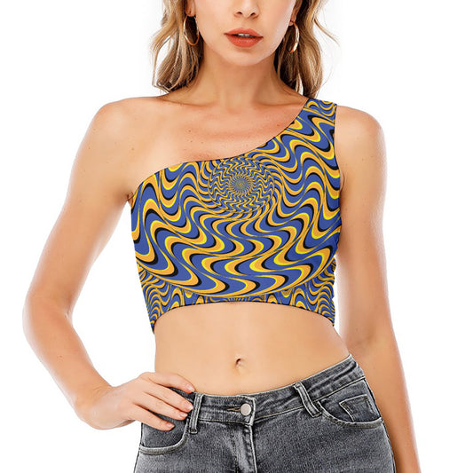 Blue And Yellow Motion Illusion Print One Shoulder Crop Top