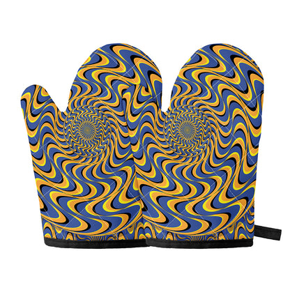 Blue And Yellow Motion Illusion Print Oven Mitts