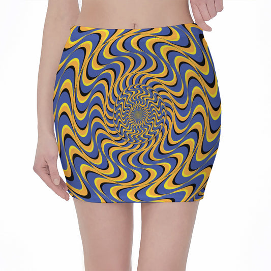 Blue And Yellow Motion Illusion Print Pencil Mini Skirt