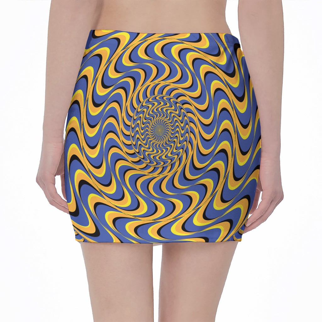 Blue And Yellow Motion Illusion Print Pencil Mini Skirt