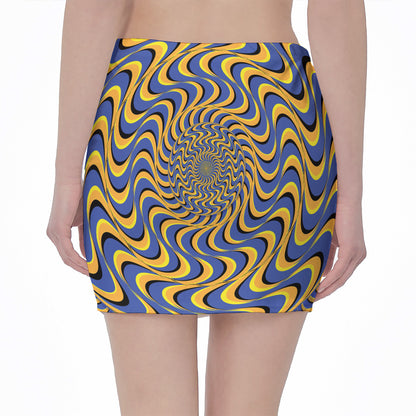 Blue And Yellow Motion Illusion Print Pencil Mini Skirt