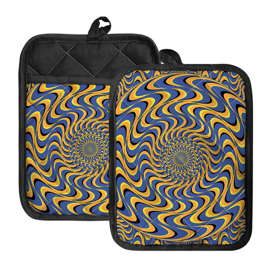 Blue And Yellow Motion Illusion Print Pot Holders With Pocket