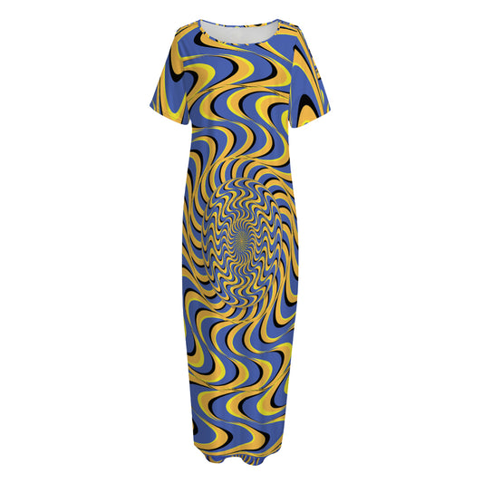Blue And Yellow Motion Illusion Print Short Sleeve Long Nightdress