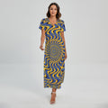 Blue And Yellow Motion Illusion Print Short Sleeve Maxi Dress