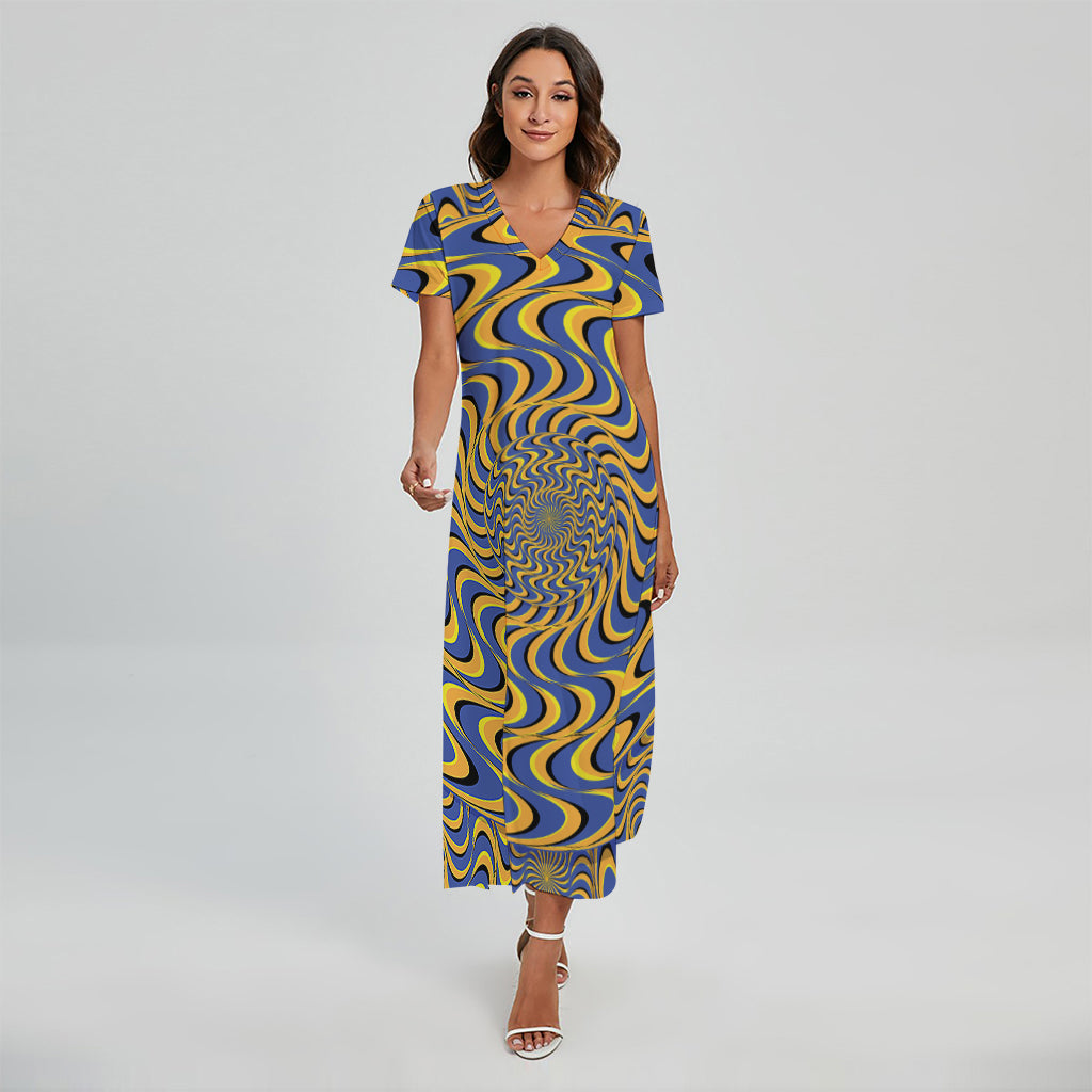 Blue And Yellow Motion Illusion Print Short Sleeve Maxi Dress