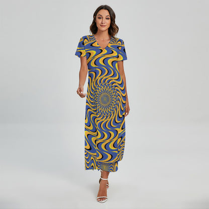Blue And Yellow Motion Illusion Print Short Sleeve Maxi Dress