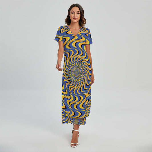 Blue And Yellow Motion Illusion Print Short Sleeve Maxi Dress
