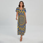 Blue And Yellow Motion Illusion Print Short Sleeve Maxi Dress