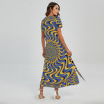 Blue And Yellow Motion Illusion Print Short Sleeve Maxi Dress