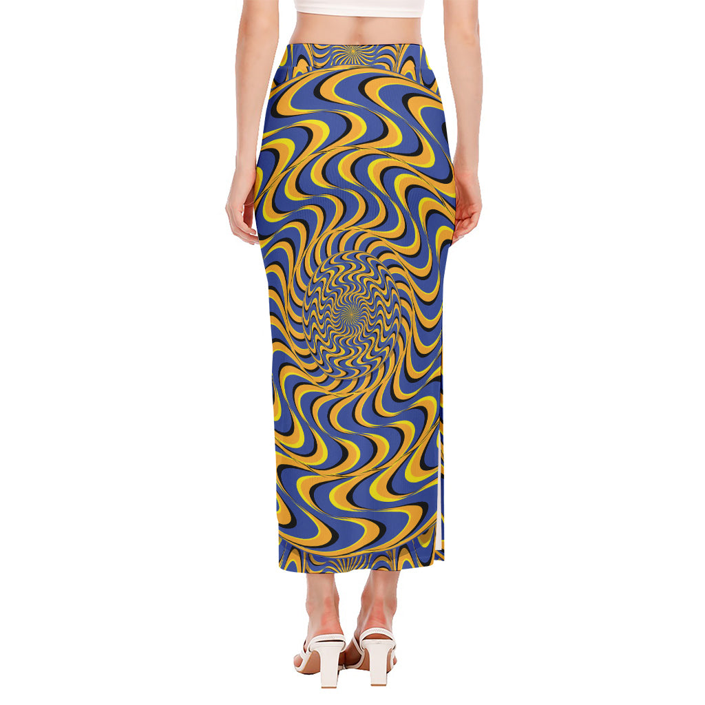 Blue And Yellow Motion Illusion Print Side Slit Maxi Skirt