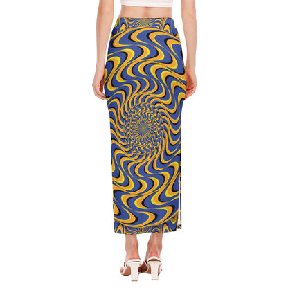 Blue And Yellow Motion Illusion Print Side Slit Maxi Skirt