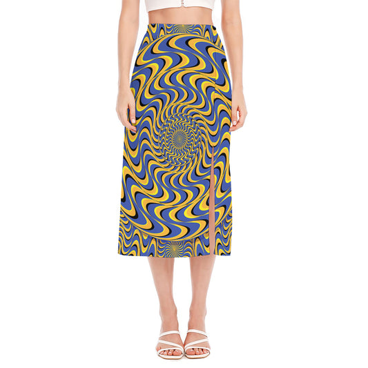 Blue And Yellow Motion Illusion Print Side Slit Midi Skirt