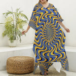Blue And Yellow Motion Illusion Print Silk V-Neck Kaftan Dress