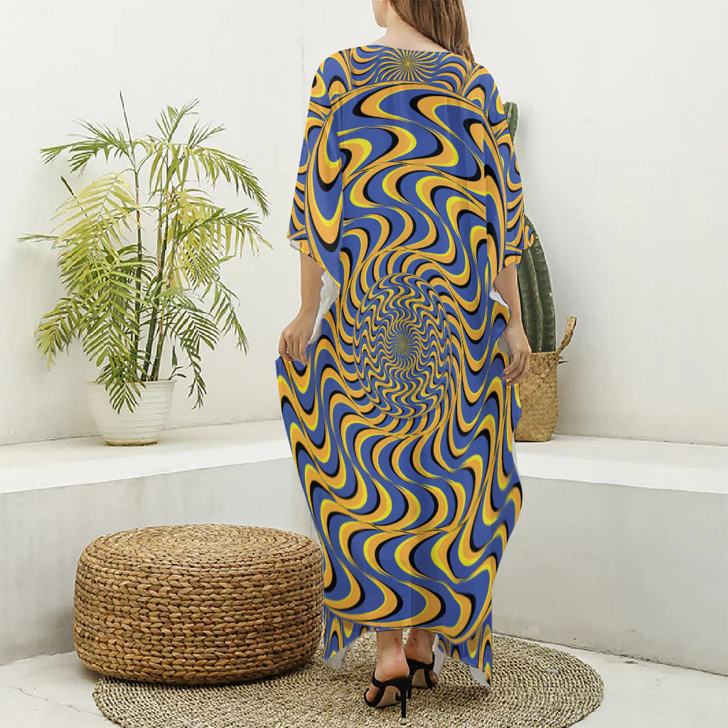 Blue And Yellow Motion Illusion Print Silk V-Neck Kaftan Dress