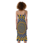 Blue And Yellow Motion Illusion Print Slim Fit Midi Cami Dress