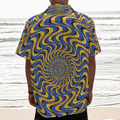 Blue And Yellow Motion Illusion Print Textured Short Sleeve Shirt
