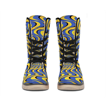 Blue And Yellow Motion Illusion Print Winter Boots