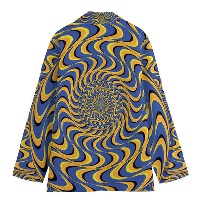 Blue And Yellow Motion Illusion Print Women's Cotton Blazer