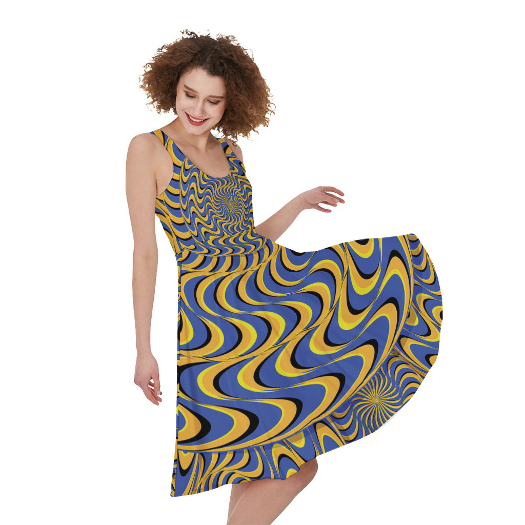 Blue And Yellow Motion Illusion Print Women's Sleeveless Dress