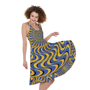 Blue And Yellow Motion Illusion Print Sleeveless Knee Length Dress GearFrost Blue And Yellow Motion Illusion Print Sleeveless Knee Length Dress GearFrost