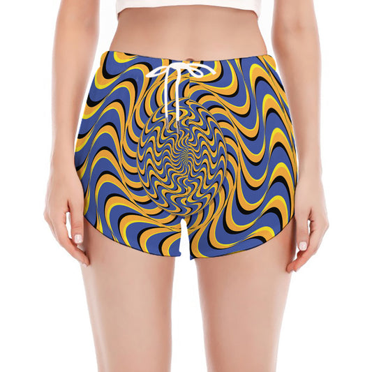 Blue And Yellow Motion Illusion Print Women's Split Running Shorts
