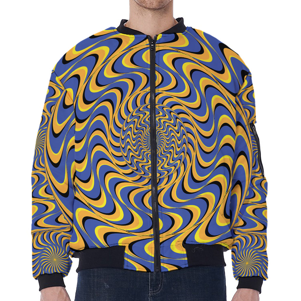 Blue And Yellow Motion Illusion Print Zip Sleeve Bomber Jacket