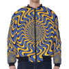 Blue And Yellow Motion Illusion Print Zip Sleeve Bomber Jacket