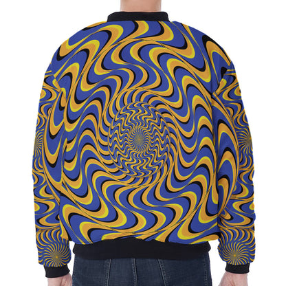 Blue And Yellow Motion Illusion Print Zip Sleeve Bomber Jacket