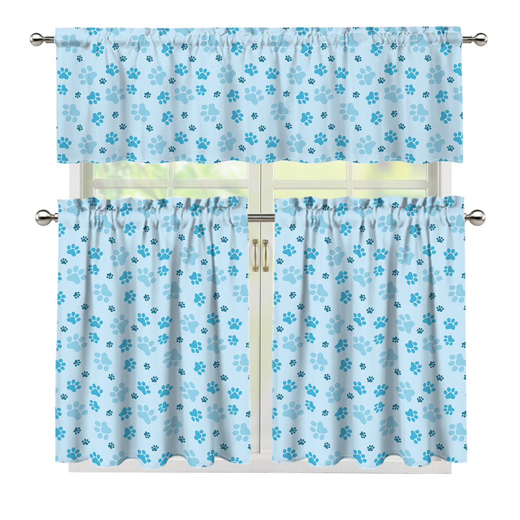 Blue Animal Paw Pattern Print 3 Piece Kitchen Curtains
