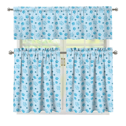 Blue Animal Paw Pattern Print 3 Piece Kitchen Curtains