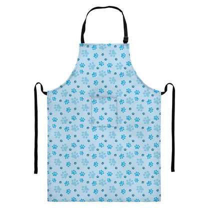 Blue Animal Paw Pattern Print Bib Apron With Pocket