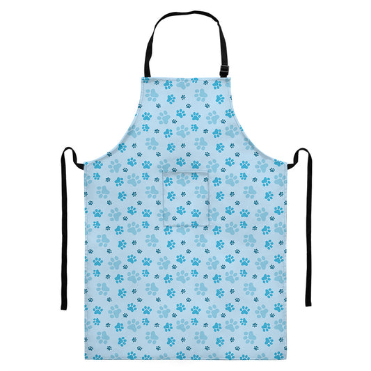 Blue Animal Paw Pattern Print Bib Apron With Pocket
