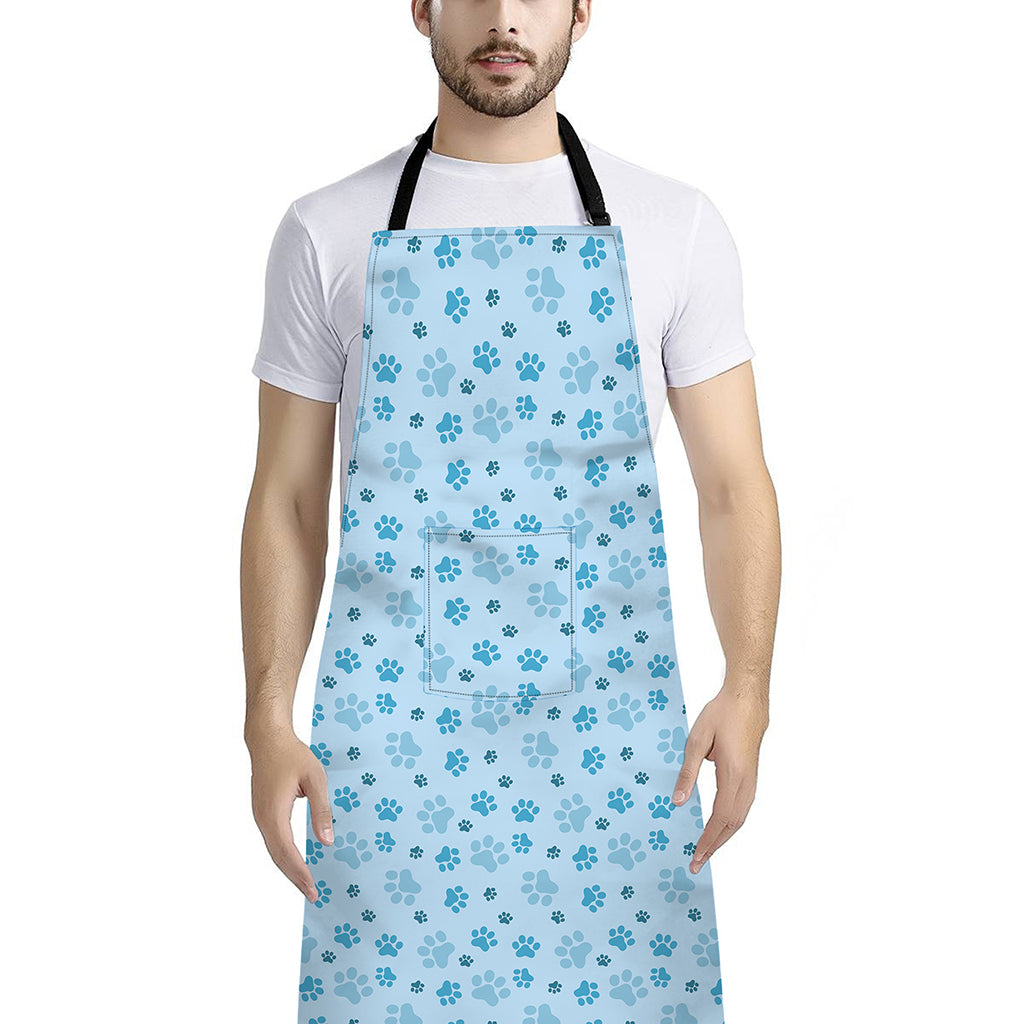 Blue Animal Paw Pattern Print Bib Apron With Pocket
