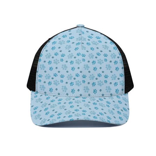 Blue Animal Paw Pattern Print Black Mesh Trucker Cap