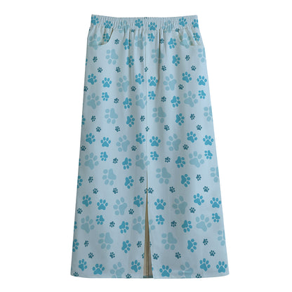 Blue Animal Paw Pattern Print Cotton Front Slit Maxi Skirt