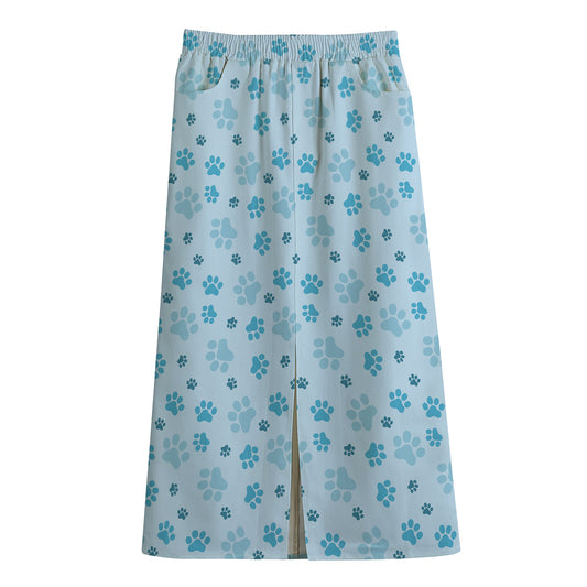 Blue Animal Paw Pattern Print Cotton Front Slit Maxi Skirt