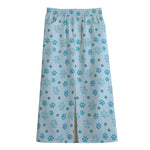 Blue Animal Paw Pattern Print Cotton Front Slit Maxi Skirt