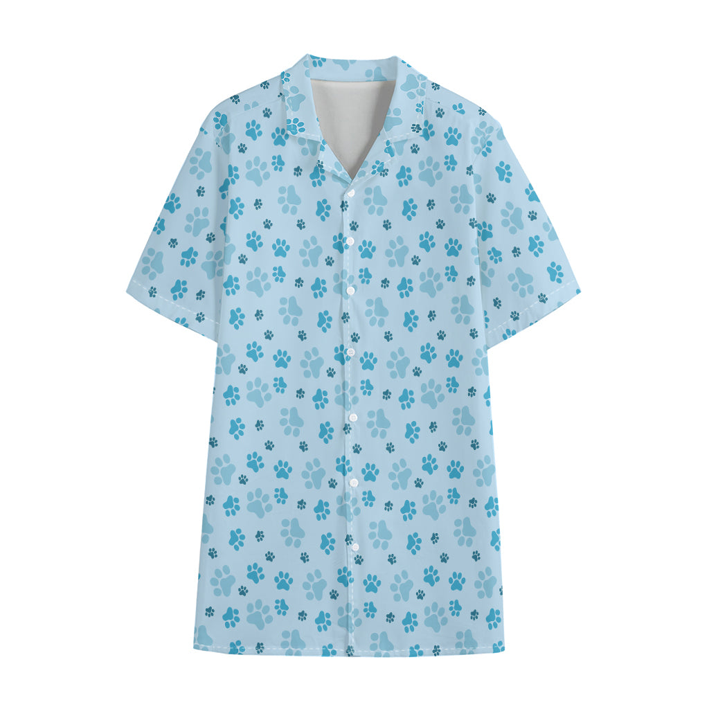 Blue Animal Paw Pattern Print Cotton Hawaiian Shirt