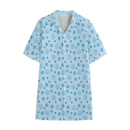 Blue Animal Paw Pattern Print Cotton Hawaiian Shirt