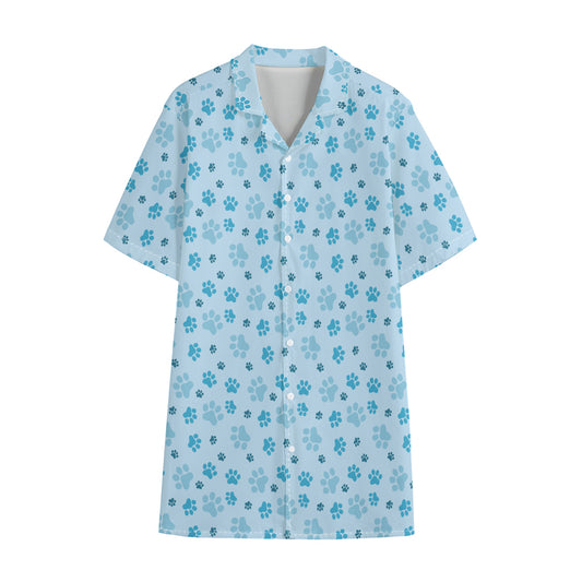 Blue Animal Paw Pattern Print Cotton Hawaiian Shirt