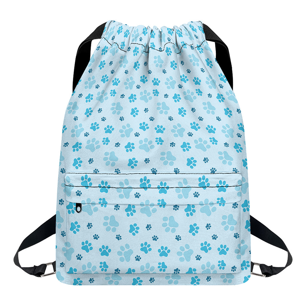 Blue Animal Paw Pattern Print Drawstring Backpack