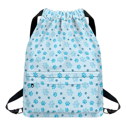 Blue Animal Paw Pattern Print Drawstring Backpack