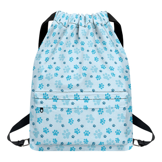 Blue Animal Paw Pattern Print Drawstring Backpack