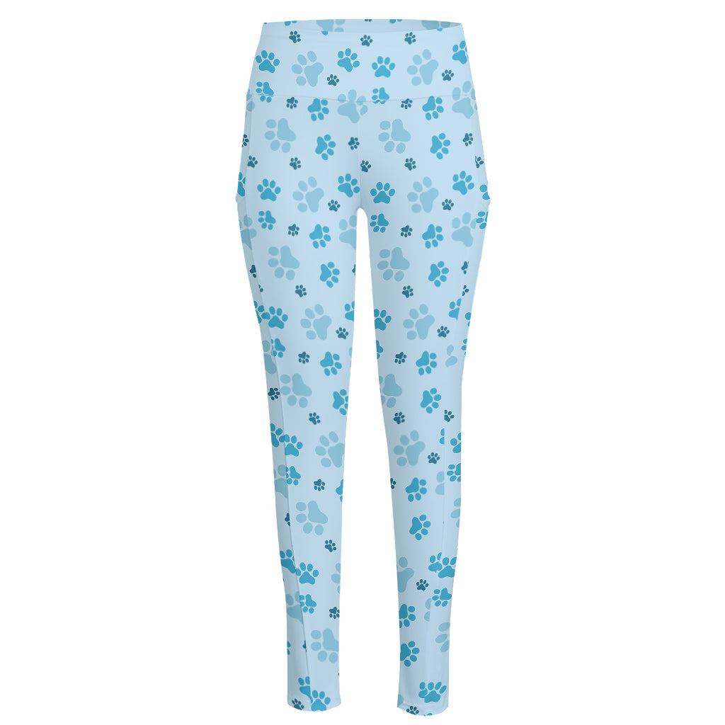 Blue Animal Paw Pattern Print High-Waisted Pocket Leggings