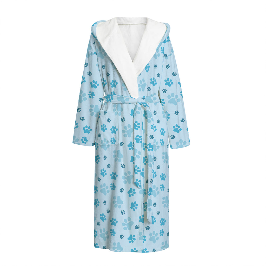 Blue Animal Paw Pattern Print Hooded Bathrobe