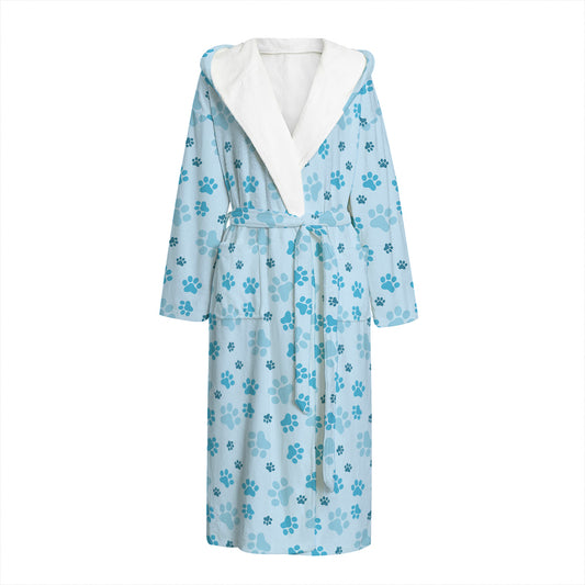 Blue Animal Paw Pattern Print Hooded Bathrobe