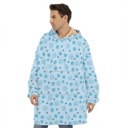 Blue Animal Paw Pattern Print Hoodie Blanket