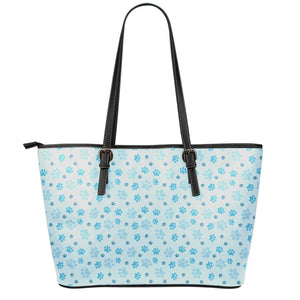 Blue Animal Paw Pattern Print Leather Tote Bag