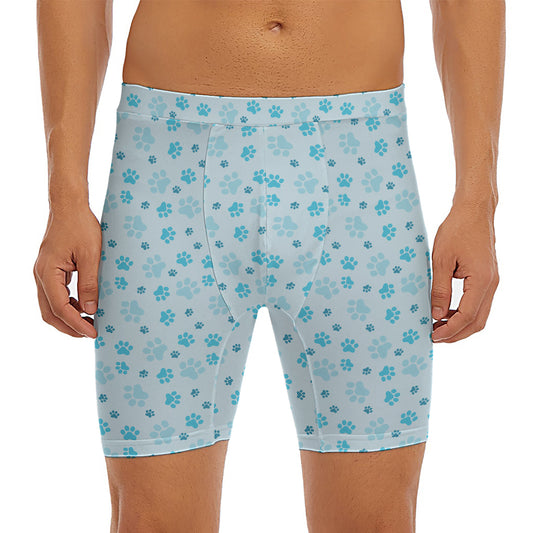Blue Animal Paw Pattern Print Men's Long Boxer Briefs