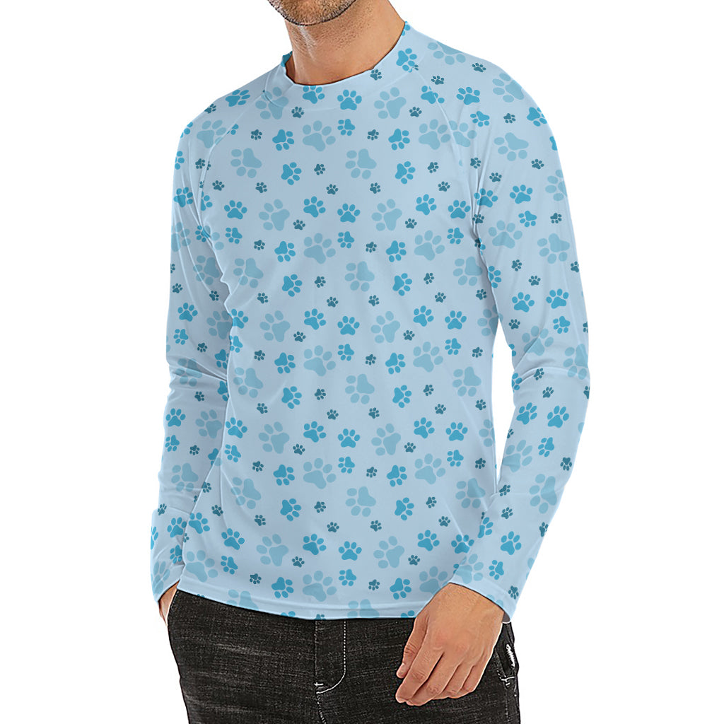 Blue Animal Paw Pattern Print Men's Long Sleeve Rash Guard